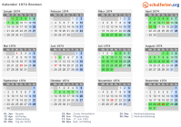 Kalender 1974 mit Ferien und Feiertagen Bremen