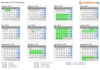 Kalender 1974 mit Ferien und Feiertagen Hamburg