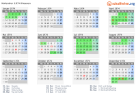 Kalender 1974 mit Ferien und Feiertagen Hessen