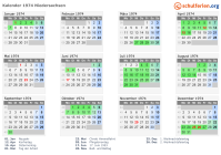 Kalender 1974 mit Ferien und Feiertagen Niedersachsen