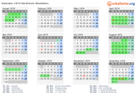 Kalender 1974 mit Ferien und Feiertagen Nordrhein-Westfalen