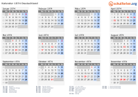 Kalender 1974 mit Ferien und Feiertagen Deutschland