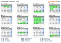 Kalender 1974 mit Ferien und Feiertagen Rheinland-Pfalz