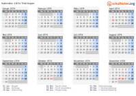 Kalender 1974 mit Ferien und Feiertagen Thüringen