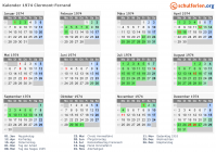 Kalender 1974 mit Ferien und Feiertagen Clermont-Ferrand