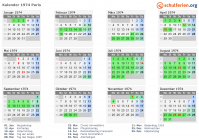 Kalender 1974 mit Ferien und Feiertagen Paris
