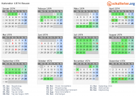 Kalender 1974 mit Ferien und Feiertagen Rouen