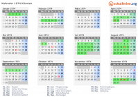 Kalender 1974 mit Ferien und Feiertagen Kärnten