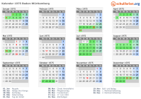 Kalender 1975 mit Ferien und Feiertagen Baden-Württemberg