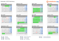 Kalender 1975 mit Ferien und Feiertagen Hamburg