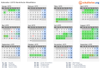 Kalender 1975 mit Ferien und Feiertagen Nordrhein-Westfalen