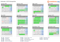 Kalender 1975 mit Ferien und Feiertagen Montpellier