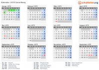 Kalender 1975 mit Ferien und Feiertagen Vorarlberg