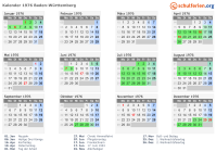 Kalender 1976 mit Ferien und Feiertagen Baden-Württemberg