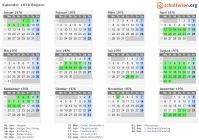 Kalender 1976 mit Ferien und Feiertagen Bayern
