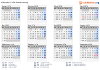 Kalender 1976 mit Ferien und Feiertagen Brandenburg