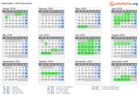 Kalender 1976 mit Ferien und Feiertagen Bremen
