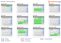 Kalender 1976 mit Ferien und Feiertagen Hamburg