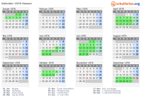 Kalender 1976 mit Ferien und Feiertagen Hessen