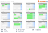 Kalender 1976 mit Ferien und Feiertagen Niedersachsen