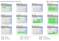 Kalender 1976 mit Ferien und Feiertagen Nordrhein-Westfalen