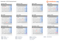 Kalender 1976 mit Ferien und Feiertagen Deutschland