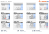 Kalender 1976 mit Ferien und Feiertagen Sachsen