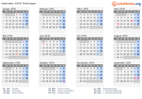 Kalender 1976 mit Ferien und Feiertagen Thüringen