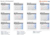 Kalender 1976 mit Ferien und Feiertagen Burgenland