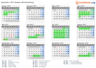Kalender 1977 mit Ferien und Feiertagen Baden-Württemberg