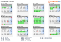 Kalender 1977 mit Ferien und Feiertagen Bremen