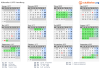 Kalender 1977 mit Ferien und Feiertagen Hamburg