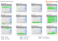 Kalender 1977 mit Ferien und Feiertagen Hessen