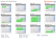 Kalender 1977 mit Ferien und Feiertagen Niedersachsen
