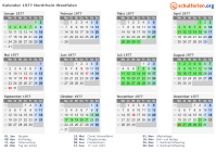 Kalender 1977 mit Ferien und Feiertagen Nordrhein-Westfalen