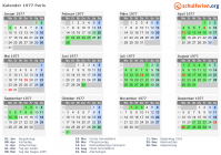 Kalender 1977 mit Ferien und Feiertagen Paris