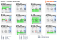 Kalender 1978 mit Ferien und Feiertagen Baden-Württemberg
