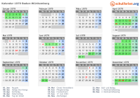 Kalender 1979 mit Ferien und Feiertagen Baden-Württemberg