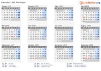 Kalender 1979 mit Ferien und Feiertagen Thüringen