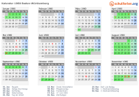 Kalender 1980 mit Ferien und Feiertagen Baden-Württemberg