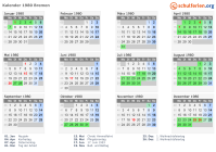 Kalender 1980 mit Ferien und Feiertagen Bremen