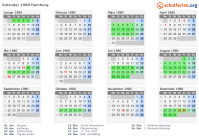 Kalender 1980 mit Ferien und Feiertagen Hamburg
