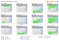 Kalender 1980 mit Ferien und Feiertagen Niedersachsen