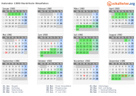 Kalender 1980 mit Ferien und Feiertagen Nordrhein-Westfalen