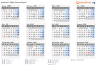 Kalender 1980 mit Ferien und Feiertagen Deutschland