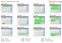 Kalender 1980 mit Ferien und Feiertagen Rheinland-Pfalz