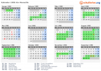 Kalender 1980 mit Ferien und Feiertagen Aix-Marseille