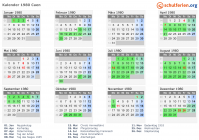 Kalender 1980 mit Ferien und Feiertagen Caen