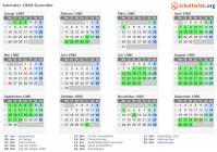 Kalender 1980 mit Ferien und Feiertagen Grenoble