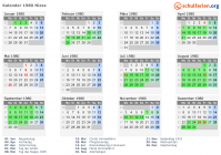 Kalender 1980 mit Ferien und Feiertagen Nizza